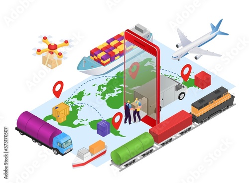 Logistic isometric online, business cargo delivery service at map concept vector illustration. Shipping internet technology, tracking freight at truck. People courier character with box design banner.