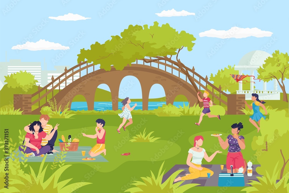 Activity leisure at park river, happy family people walk at nature vector illustration. Outdoor summer lifestyle, healthy green grass for young person. Cartoon man woman together at cityscape.