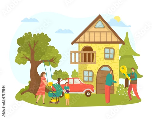 House property purchase or rent home for family vector illustration. Woman man character near new real estate cartoon building. Person buy apartment at flat realtor, business agent.