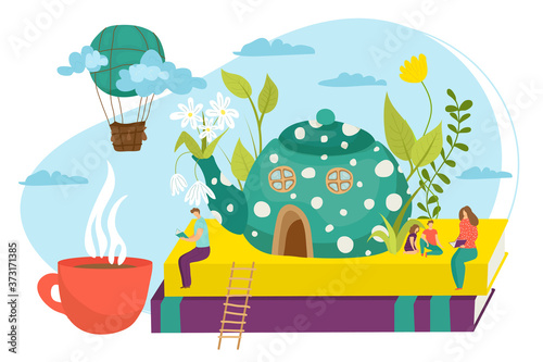 Family read book at flat object, cute education together design vector illustration. Mother sitting, love reading for cartoon young kid. Night story at home, parent people with tea, fantasy symbol.