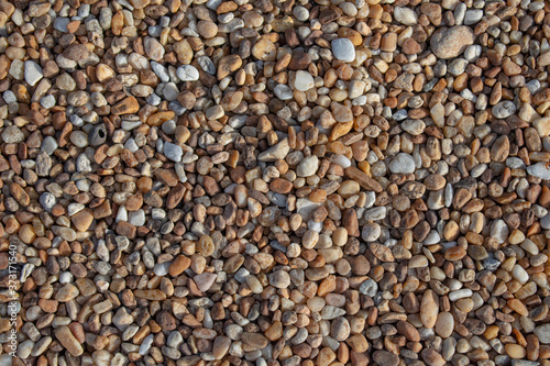 Round smooth light brown pebble texture background. Garden pebbles in natural colors with soft side lighting from setting sun.