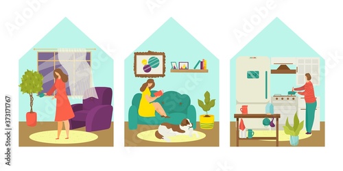 Quarantine infection avoid  woman stay at home concept vector illustration. Person at house  coronavirus self isolation  people at virus protection set. Epidemic design  cartoon character in room.