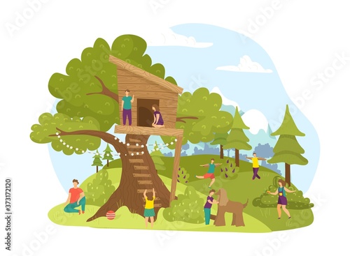 Children activity in park  summer wood tree house childhood vector illustration. Nature cartoon treehouse building landscape  boy girl play. Green garden for kids  cute outdoors playground.