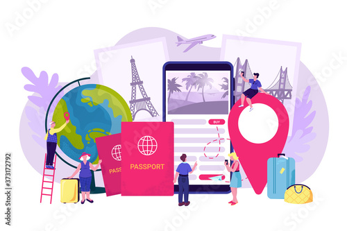 Travel vacation booking, flat journey trip vector illustration. Online tourism service, people reserve flight ticket for holiday in internet design. Man woman use booking mobile technology.
