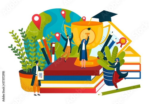 Online graduation, university education vector illustration. Web university trophy at book, computer internet learning technology. Man woman character graduate flat study course, certificate diploma.