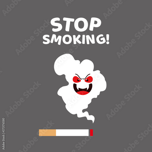 Stop smoking poster illustration design, smoke cartoon character with evil facial expressions, stop smoking campaign template vector