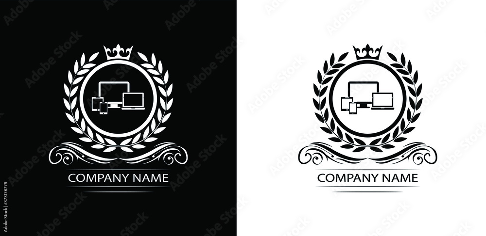 Smart Devices logo template luxury royal vector service company. Phone , tablet, laptop , computer shop decorative emblem with crown