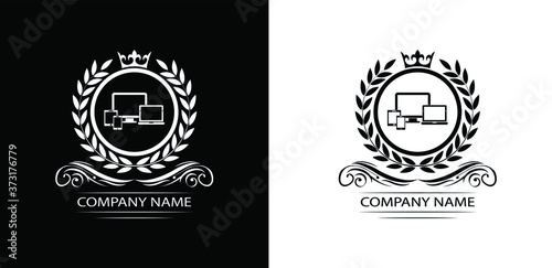Smart Devices logo template luxury royal vector service company. Phone , tablet, laptop , computer shop decorative emblem with crown