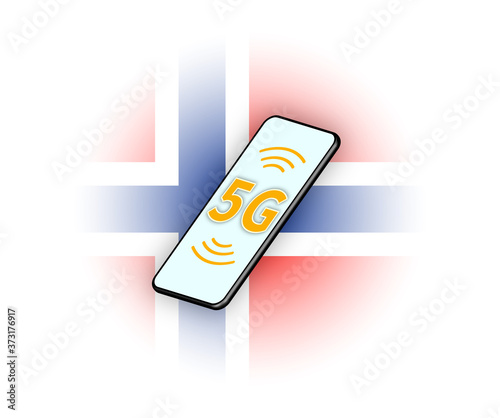 3D mobile phone with 5G icon, on background of a gradient Norweigian flag. Vector. White background, editable, removable. photo