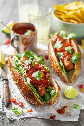 Spicy barbecue hot dogs with with sauce and grilled sausage