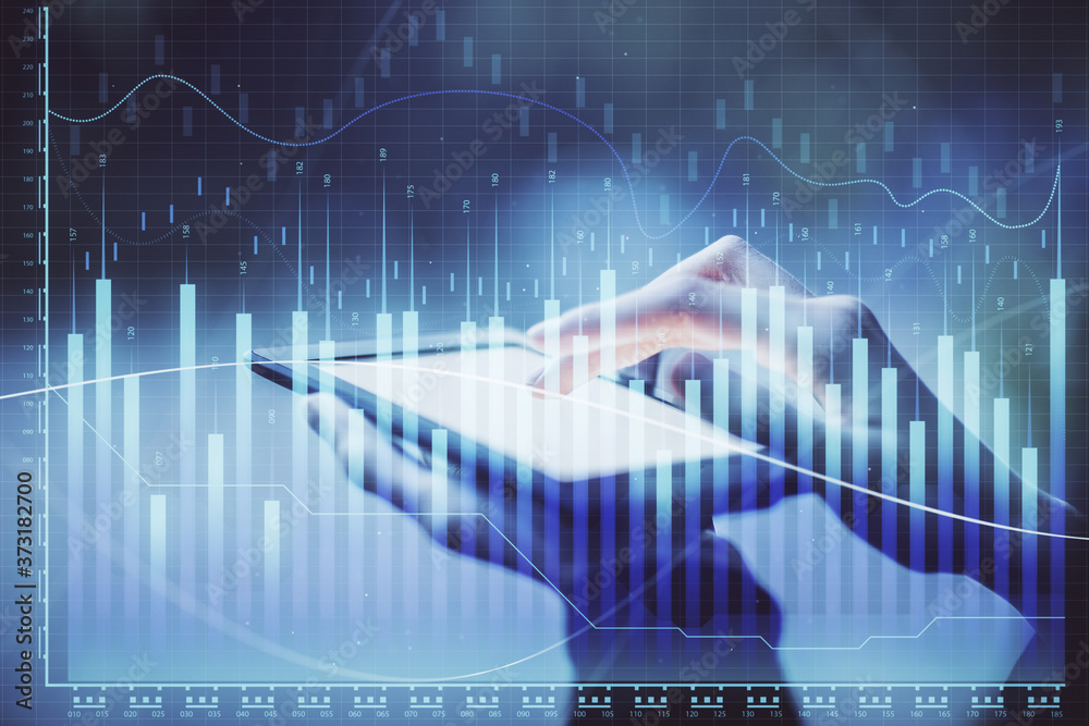 Double exposure of forex chart sketch hologram and woman holding and using a mobile device. Financial market concept.