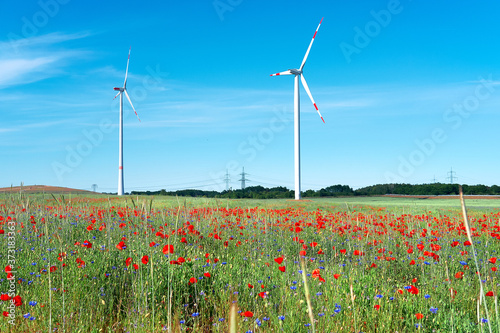 Modern wind turbines in flower field with red poppy and blue cornflowers, alternative eco-friendly power generation