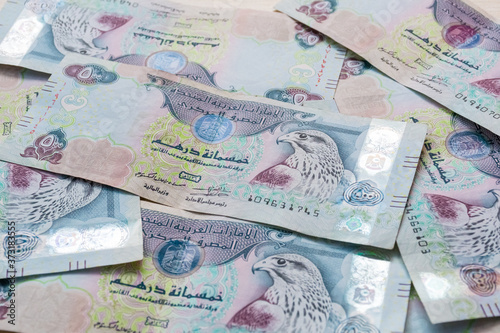 Closeup of UAE 500 dirhams currency notes, paper money