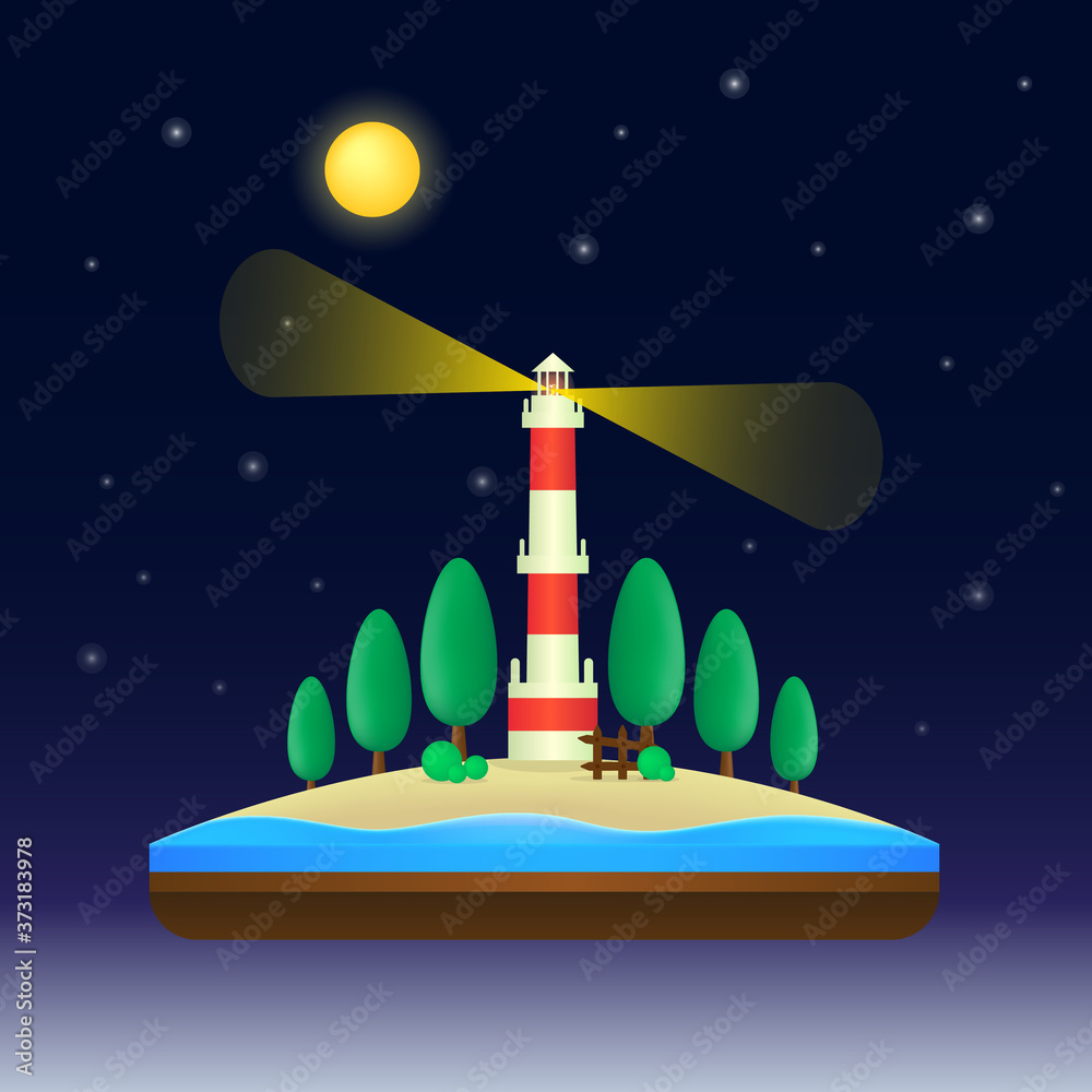 Floating island in flat illustration with beach landscape and lighthouse. Lighthouse vector background. Summer night vector background fit for cover, illustration, banner, poster, quote ect.