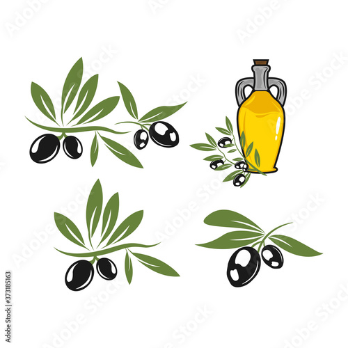 Oil olive logo template vector design,olives symbols for extra virgin cooking or salad oil design. Black and green olive branches for natural organic bottle label.