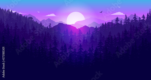Sunset over forest at night - Nature landscape scene at dawn with trees, mountain, sunlight and sky. Vector illustration. © Knut