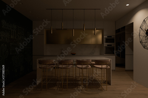 3D render of a kitchen with big cooking island and night lighting