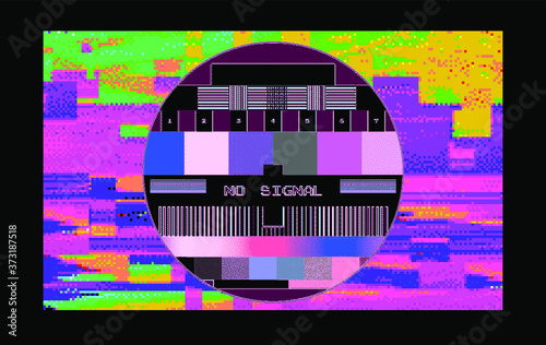 TV screen without signal with pixeled bars and VHS noise effect. Cyberpunk and vaporwave aesthetics.
