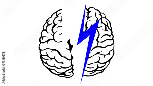 The human brain is split in two by lightning isolated on white background. Mental illness concept. Vector illustration. Broken brain
