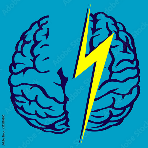 The human brain is split in two by lightning. Mental illness concept. Vector illustration. Broken brain, headache