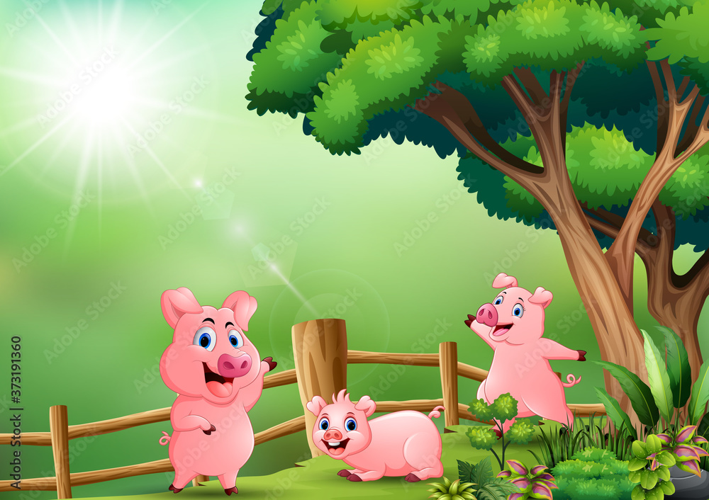 Fototapeta premium Funny three pig playing at nature background