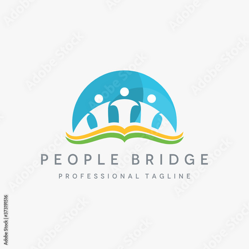 global education business vector Design Illustration Logo template with abstract book  and bridge people logo to represent strong community, organization, team work.