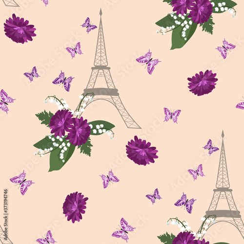 Seamless vector illustration with chrysanthemum, lily of the valley, eiffel tower and butterflies