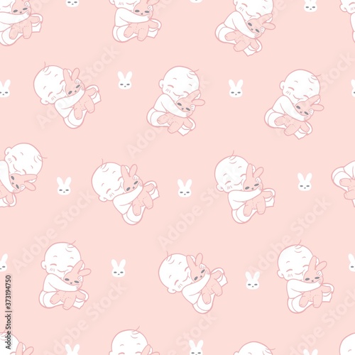 Baby with Bunny Doll Vector Illustration Pattern