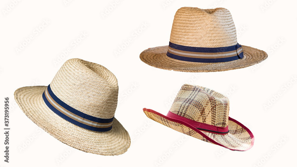 Several straw hats separated from the white background.