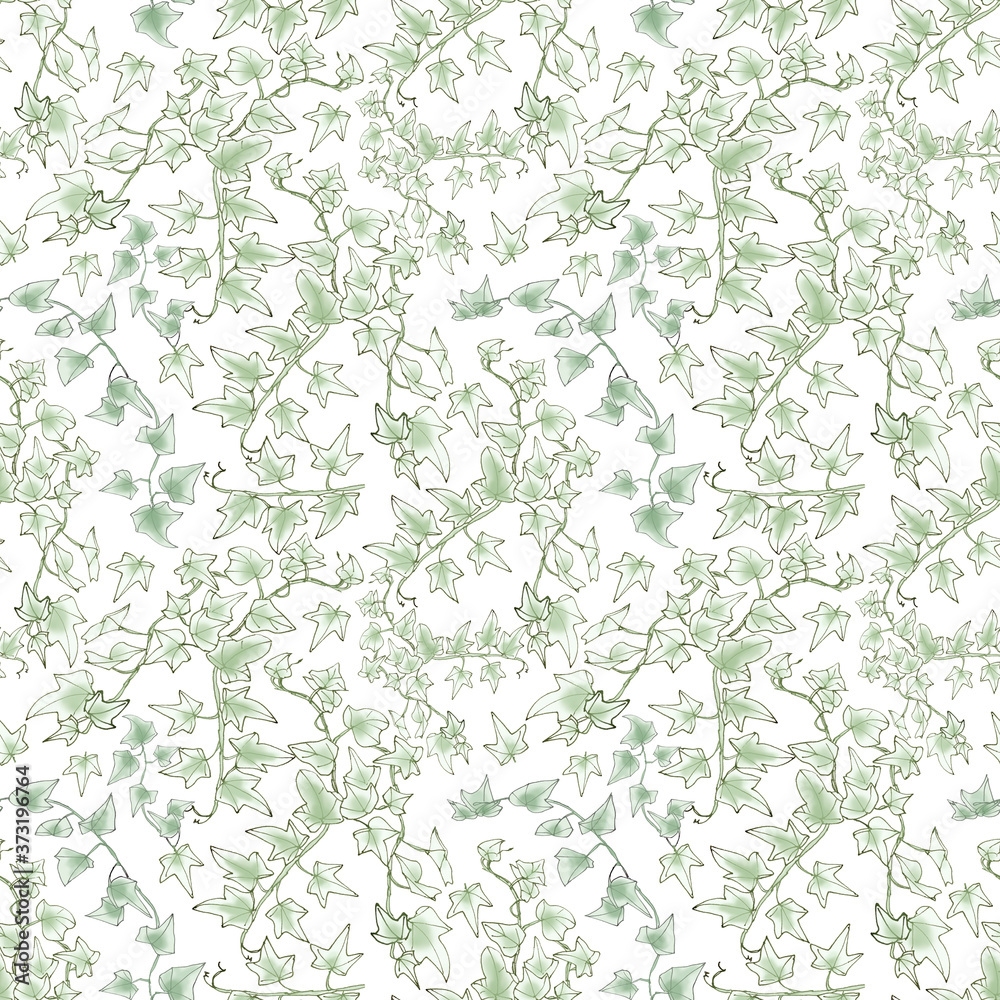 seamless pattern, green sprig of ivy, graphic linear pattern, botanical sketch