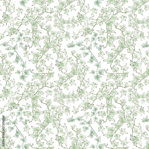seamless pattern, green sprig of ivy, graphic linear pattern, botanical sketch