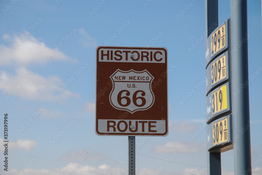 Route 66 sign at gas station near Santa Rosa, New Mexico, USA. August 5, 2007. Route 66 sign at gas station near Santa Rosa, New Mexico, USA. August 5, 2007.