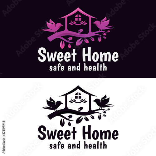 Sweet home with bird logo, tree house natural logo design vector template