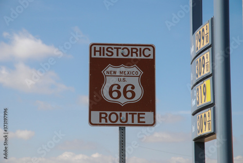 Route 66 sign at gas station near Santa Rosa, New Mexico, USA. August 5, 2007.