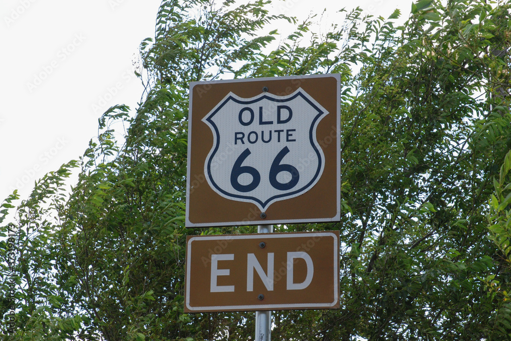 Route 66 End sign near Dot’s Mini Museum in Vega, Texas, USA. August 4, 2007.