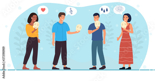 Four diverse people expressing positive emotions lowering masks from their faces with icons of love and music, colored vector illustration