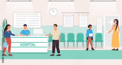 Patients at a hospital reception desk registering and paying at the desk or sitting waiting for the doctor in a healthcare concept, colored vector illustration