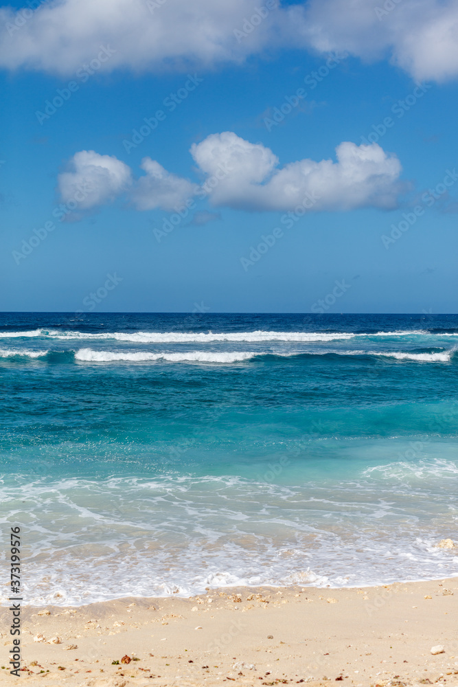 Popular Melasti Beach (Pantai Melasti), Bukit, Bali, Indonesia. Turquoise water, rocks, ocean scenery. 