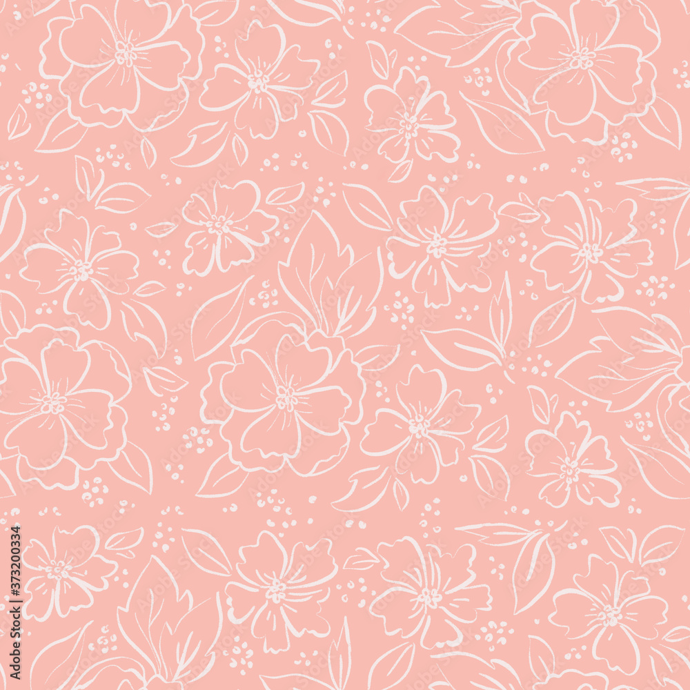 Abstract repeating floral pattern -  blush background with white flowers