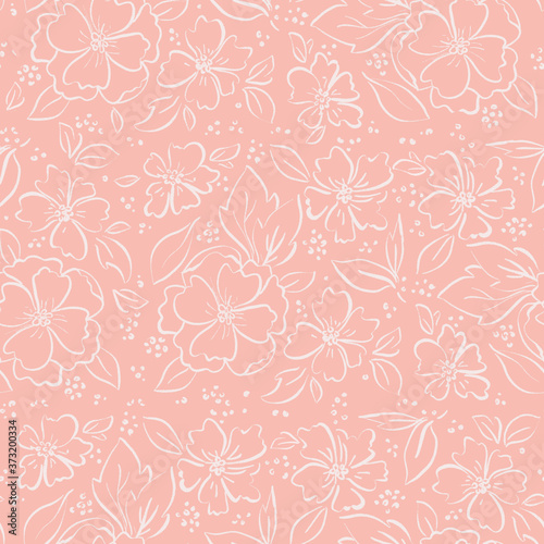 Abstract repeating floral pattern - blush background with white flowers