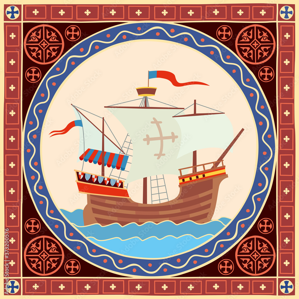 Obraz premium An old sailing ship sails on the sea. Illustration in a decorative frame. Stylization of historical book graphics
