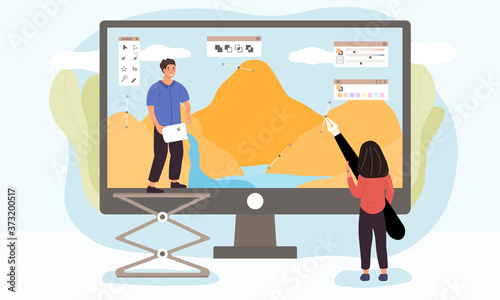 Professional illustrator career concept with funny man and woman drawing a design on a giant computer screen or display with a stylus pen, flat style colored vector illustration