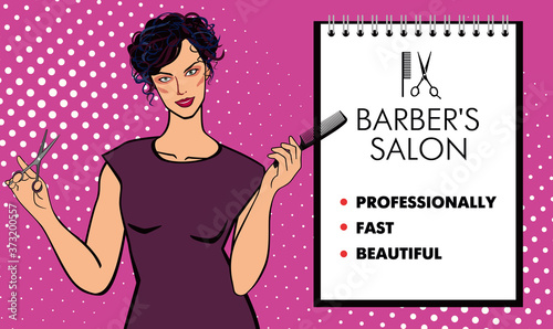 Advertising model of a hairdressing salon. Beautiful showy girl with scissors. Pop art style