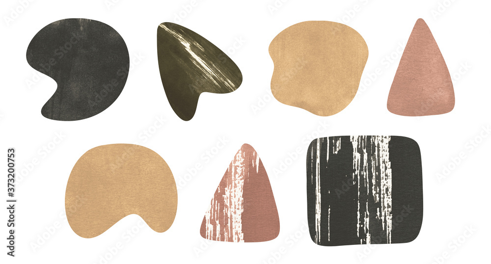 modern abstract minimal organic clip art shapes set in grunge ink gold dusk rose dark charcoal grey and olive green isolated on a white background