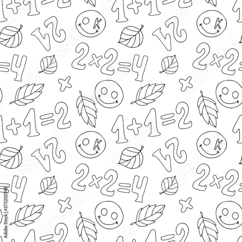 Children's school seamless black and white contour drawing with numbers. 