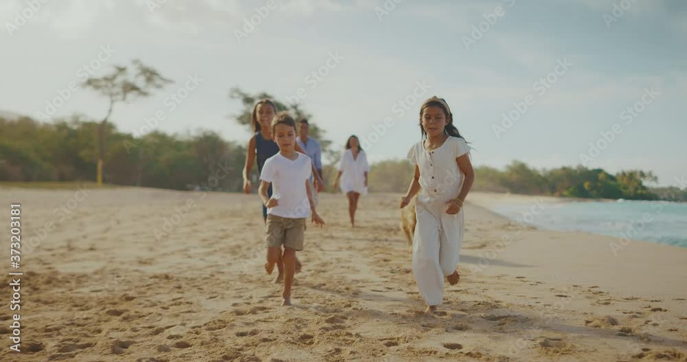 Happy young kids running down beach playing with their dog, family beach vacation