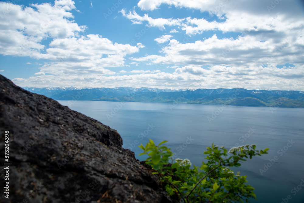 Obraz premium View above big beautiful lake, Baikal lake, Russia. Baikal landscapes.
