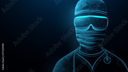 Doctor wearing scrubs, protective mask and goggles. Protection against contagious disease, coronavirus. Low Poly Design. Vector Illustration