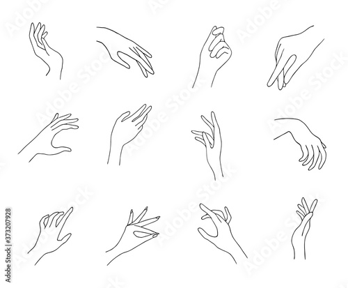 Women hand icons. Elegant female hands of different gestures. Lineart in a trendy minimalist style. Vector Illustration. EPS10.