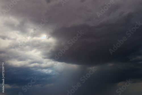 Dark storm clouds in sky before thunderstorm and rain. Dramatic sky background